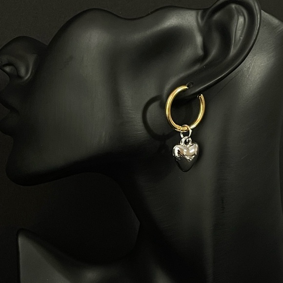 Giulia -Mixed Color Gold And Silver Heart Minimalist Hoop Earrings.Heart Pendant - Picture 10 of 12